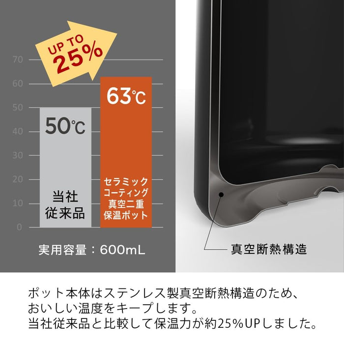 Hario 600ml Black Thermal Coffee Pot with Ceramic Coating Vacuum Seal