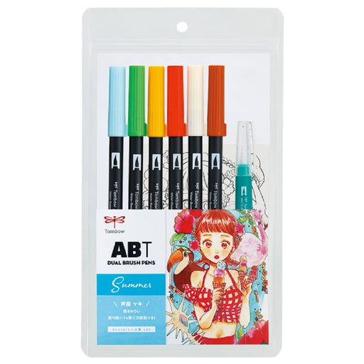 Tombow Dual Brush Pen and Water Brush Illustration Set Summer Ab-T6Csmqa 6 Colors-Kiichin - The #1 Place for Japanese Goods in Your Hand!
