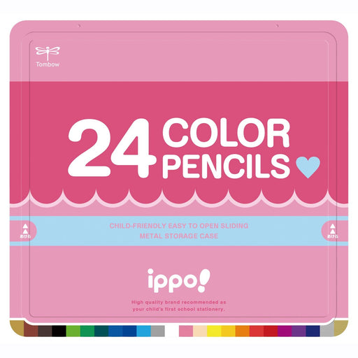 Tombow Ippo Plain Pink Colored Pencil Set Slide Can with 24 Assorted Colors-Kiichin - The #1 Place for Japanese Goods in Your Hand!