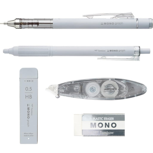 Tombow Grayscale Light Gray 5-Piece Stationery Set – Pencil Pen Eraser Lead and Correction Tape-Kiichin - The #1 Place for Japanese Goods in Your Hand!