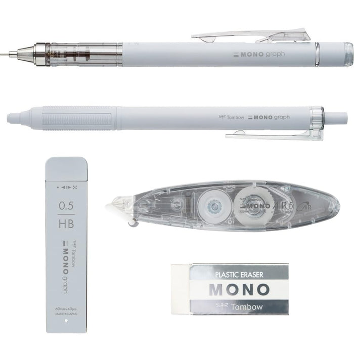Tombow Grayscale Light Gray 5-Piece Stationery Set – Pencil Pen Eraser Lead and Correction Tape-Kiichin - The #1 Place for Japanese Goods in Your Hand!
