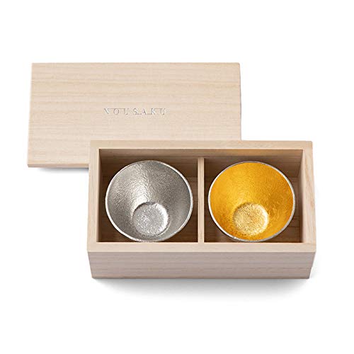 Teshigoto Club Set of 2 Sake Cups in Japanese Paper Tin & Gold - Paulownia Box-Kiichin - The #1 Place for Japanese Goods in Your Hand!